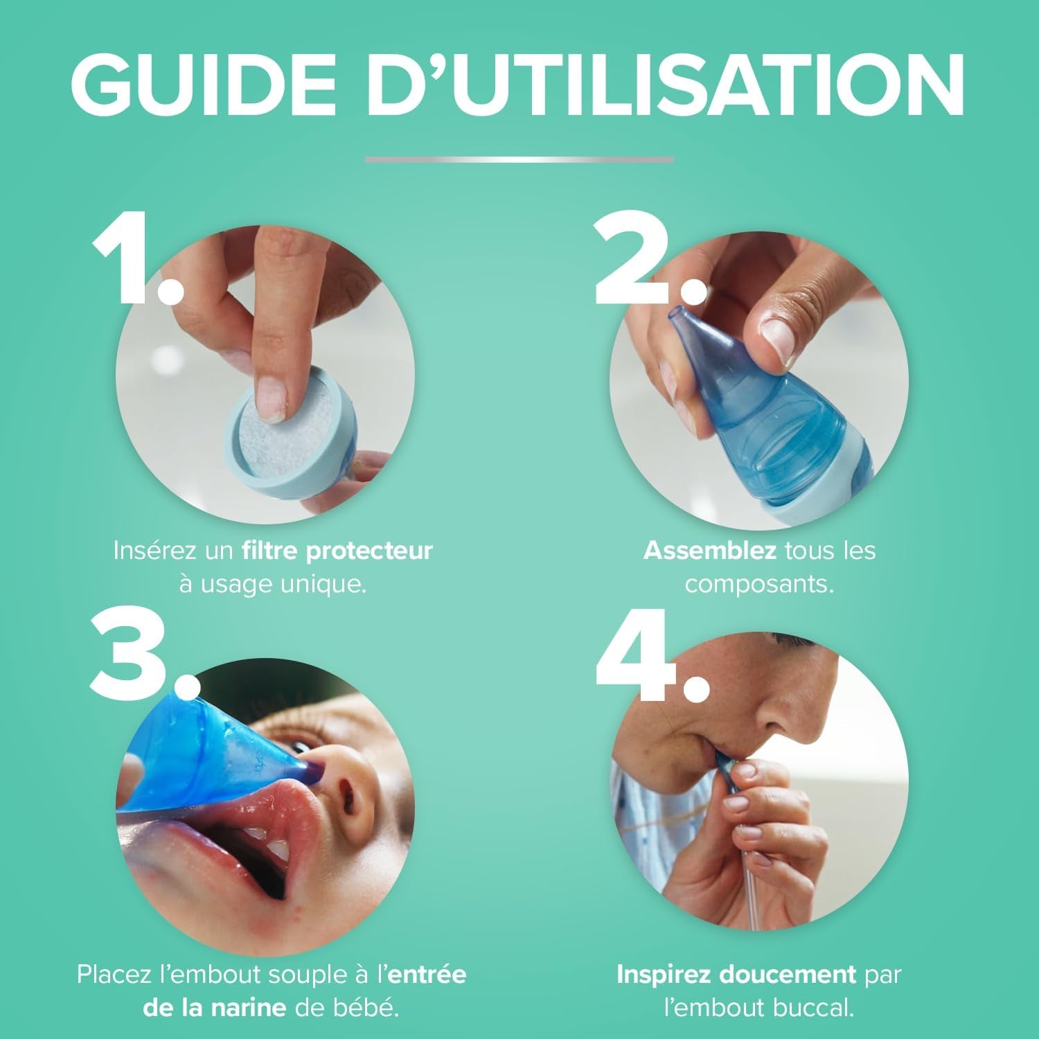 Mouche Bébé - Evacuer L'Excès De Mucus - Rhume & Rhynopharyngite - Facile À Utiliser - Nourrissons Et Jeunes Enfants - Sans Bisphénol a - 5 Filtres Jetables Hygiéniques - Fabriqué En France