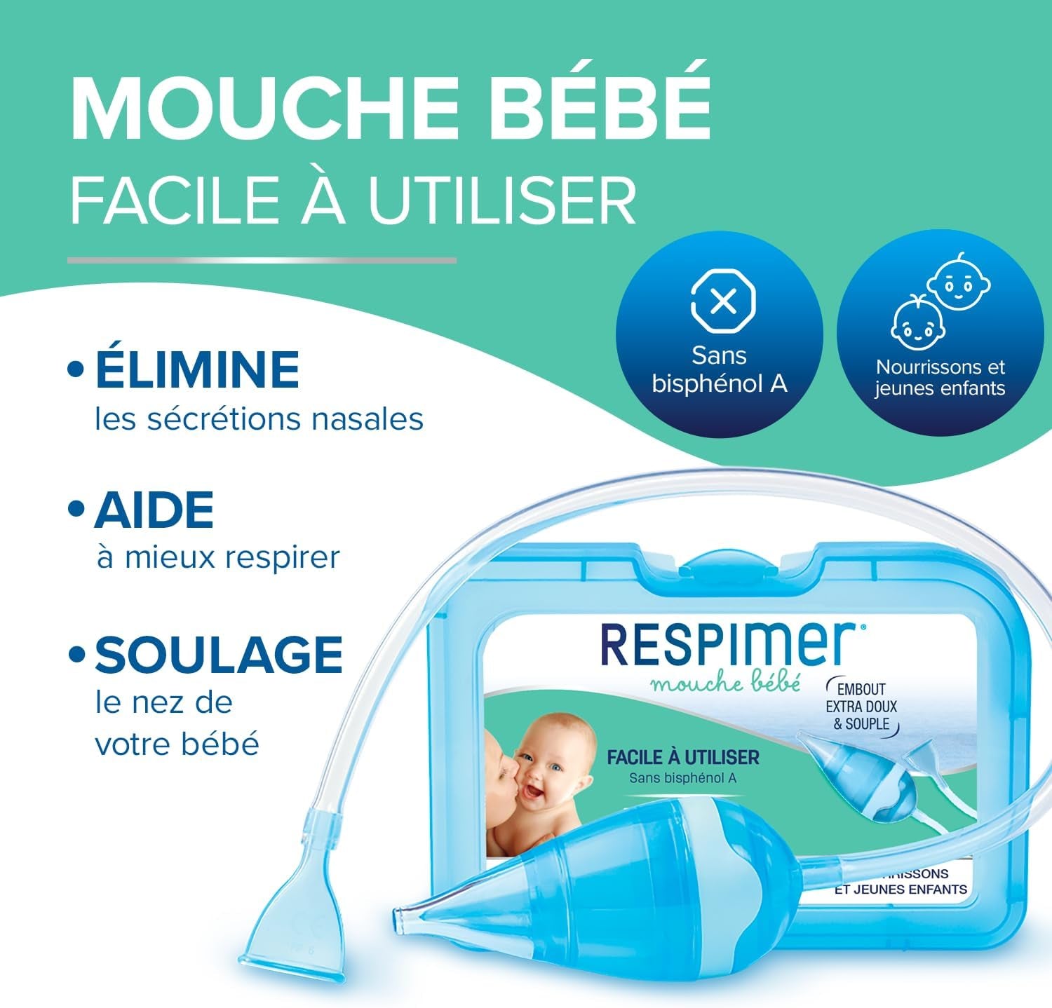 Mouche Bébé - Evacuer L'Excès De Mucus - Rhume & Rhynopharyngite - Facile À Utiliser - Nourrissons Et Jeunes Enfants - Sans Bisphénol a - 5 Filtres Jetables Hygiéniques - Fabriqué En France